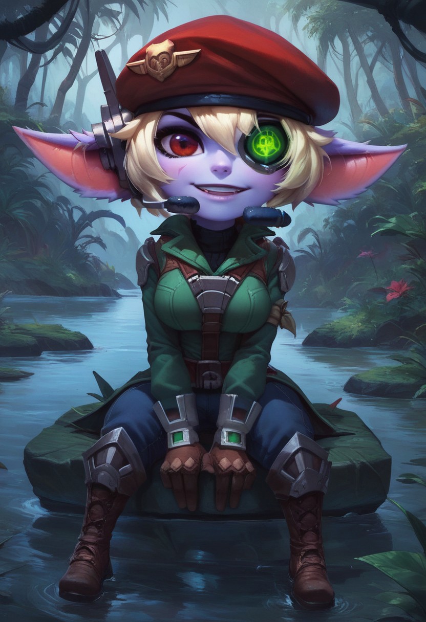 score_9, score_8_up, score_7_up, ultra quality, 1girl, ostristana, yordle, shortstack, purple skin, pointy ears, red eyes, eyepatch, green visor, headset, long jacket, blue pants, boots, sitting, lake, red beret, big breasts, looking at viewer, jungle.