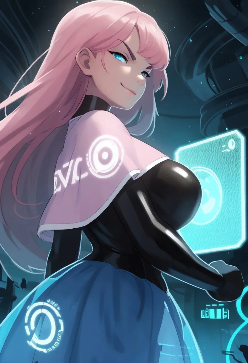 score_9, score_8_up, score_7_up, score_6_up, score_5_up, score_4_up, 1girl, solo, black latex bodysuit, large breasts, sci-fi, typing, hologram, eyes half open, side eye, calm, closed mouth, smirk, looking at viewer, side shot, portrait, 
BREAK,
pink capelet, pink hair, long hair,
BREAK,
Hologram skirt, blue skirt, transparent skirt
