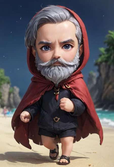 grandfather with a gray beard, old man, beard, gray hair, chibi,bald, with big gray eyes, in a red cloak, from under which you can see loose gray clothes, beach slippers on his feet, 
full-length frontal view, flight phase during running, legs above the ground, wind blowing the cloak, fast running,
Hyperrealistic art "high-quality portrait flat matte drawing of a cute Nendoroid and cartoon style, anime flat style, thick drawing, medium close-up", (solo:1.2), photorealistic:1.5, ultra highres, 8k, texture skin, realistic skin, detailed skin, highest detailed, extreme detailed, 8k wallpaper, colorful, (dark magic), ring with the stone, (intricate details), (hyperdetailed), 8k hdr, high detailed, lot of details, high quality, soft cinematic light, atmospheric perspective (focus on), color Ink wash painting, . Extremely high-resolution details, photographic, realism pushed to extreme, fine texture, incredibly lifelike,