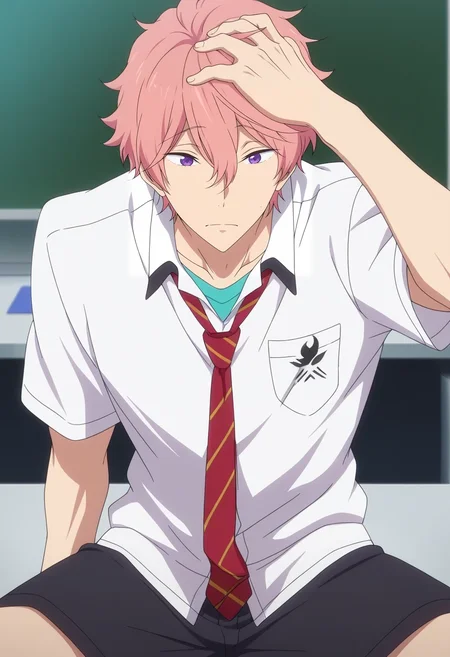 masterpiece, best quality, anime screencap, official style, anime coloring, cowboy shot, 1boy, solo, male focus, <lora:kisumi_shigino_ilxl:1>, kisumi_shigino, pink hair, purple eyes, hair between eyes, white shirt, collared jacket, red necktie, sitting at a desk, hand on forehead, exhausted expression, leaning forward pose, office light, Board shorts with print, Performance T-shirt, , , and