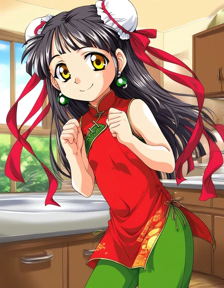score_9, score_8_up, score_7_up, source_anime, rating_explicit, BREAK  <lora:Kounyan_Ver2.0_XL:1> Kounyan, solo, black hair, long hair, double bun, hair bun, bun cover, yellow eyes, ribbon, earrings,  green_jewelry, short stack,
red china dress, red ribbon,  green pants,  smile,
looking at viewer, 
cowboy_Shot,
apartment house, room, kitchen,