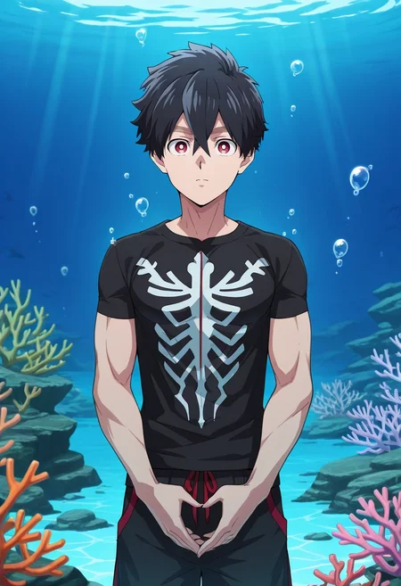 masterpiece, best quality, intricate details, anime screencap, anime coloring, official style, looking at viewer, 1boy, solo, male focus, <lora:kabane_kusaka_ilxl:0.92>, kabane_kusaka, black hair, red eyes, short hair, hair between eyes, kusaka kabane, , submerged sanctuary, coral arches, bubble chambers, deep-sea fauna, meditating pose, peaceful expression, twilight depths, Cargo swim trunks, Muscle T-shirt, , Balaclava,