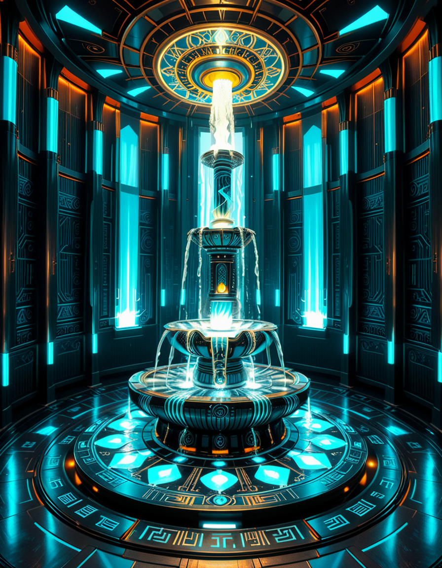 The center of a high-tech, alien temple-laboratory, where dark metallic walls shimmer under the glow of cyan vertical light tubes and faint sacred runes. In the middle of the chamber lies an elaborate biomechanical fountain, rising like an altar from a circular platform of engraved metal. The fountain pulses with iridescent liquid light, flowing in gravity-defying streams that spiral upward before cascading back into a glowing basin etched with ritual patterns. Bioluminescent veins run through the structure, illuminating the surrounding floor like circuitry. Overhead, a radiant, halo-like design casts a celestial glow, enhancing the surreal, sanctified atmosphere. The space exudes a fusion of sacred ceremony and alien technology, as if the fountain were a source of divine power worshipped by another world.
<lora:high-tech_alien_temple_f0unt41n:1>,high-tech alien temple f0unt41n,<lora:SDXLFaeTastic2400:0.4> <lora:extremely_detailed:0.4> extremely detailed, Masterpiece,best quality,hi res,8k,hi res,8k,award winning,(sharp focus, intricate, highly detailed),