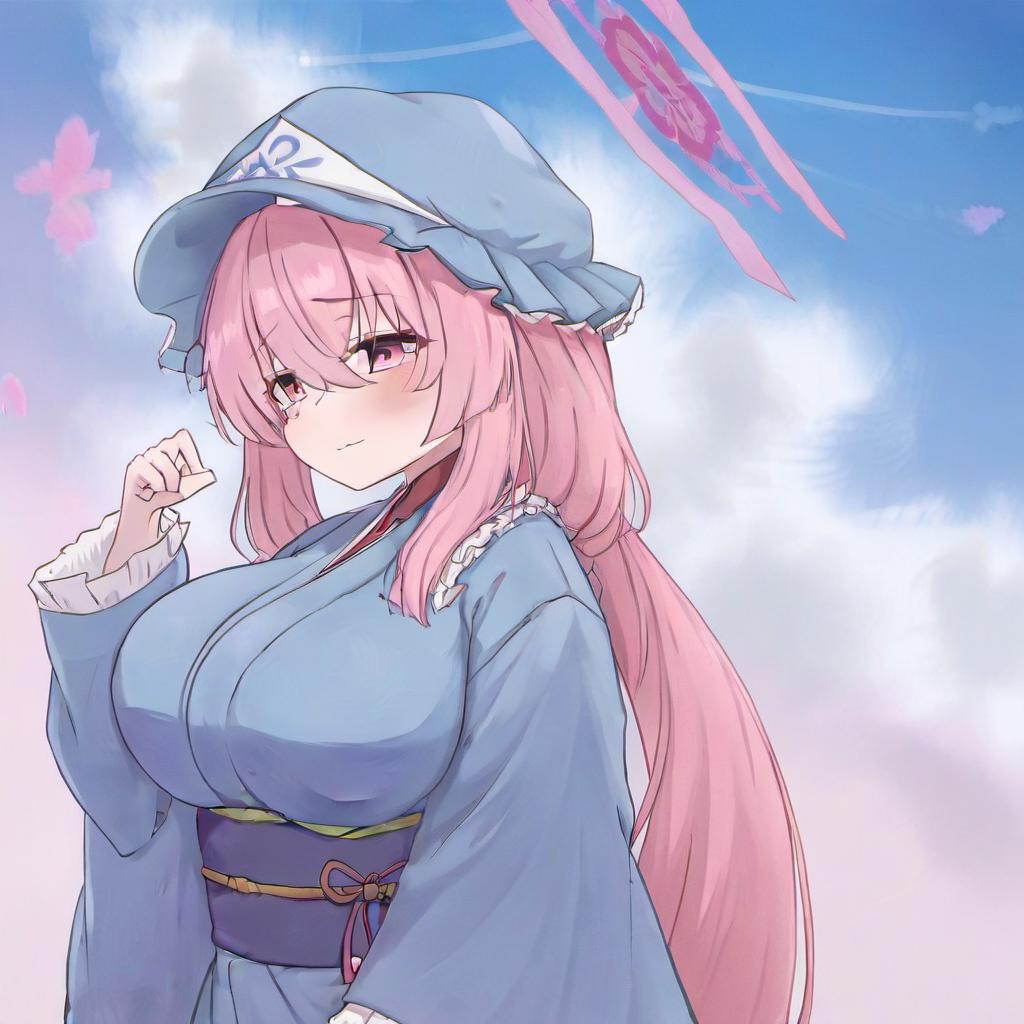 1girl, saigyouji yuyuko, huge breast, alternate hair length, alternate hairstyle, blue headwear, blue kimono, blush, closed mouth, frilled sleeves, frills, hair between eyes, hat, japanese clothes, kimono, long hair, long sleeves, mob cap, obi, pink eyes, pink hair, sash, solo, triangular headpiece, upper body, wide sleeves,
