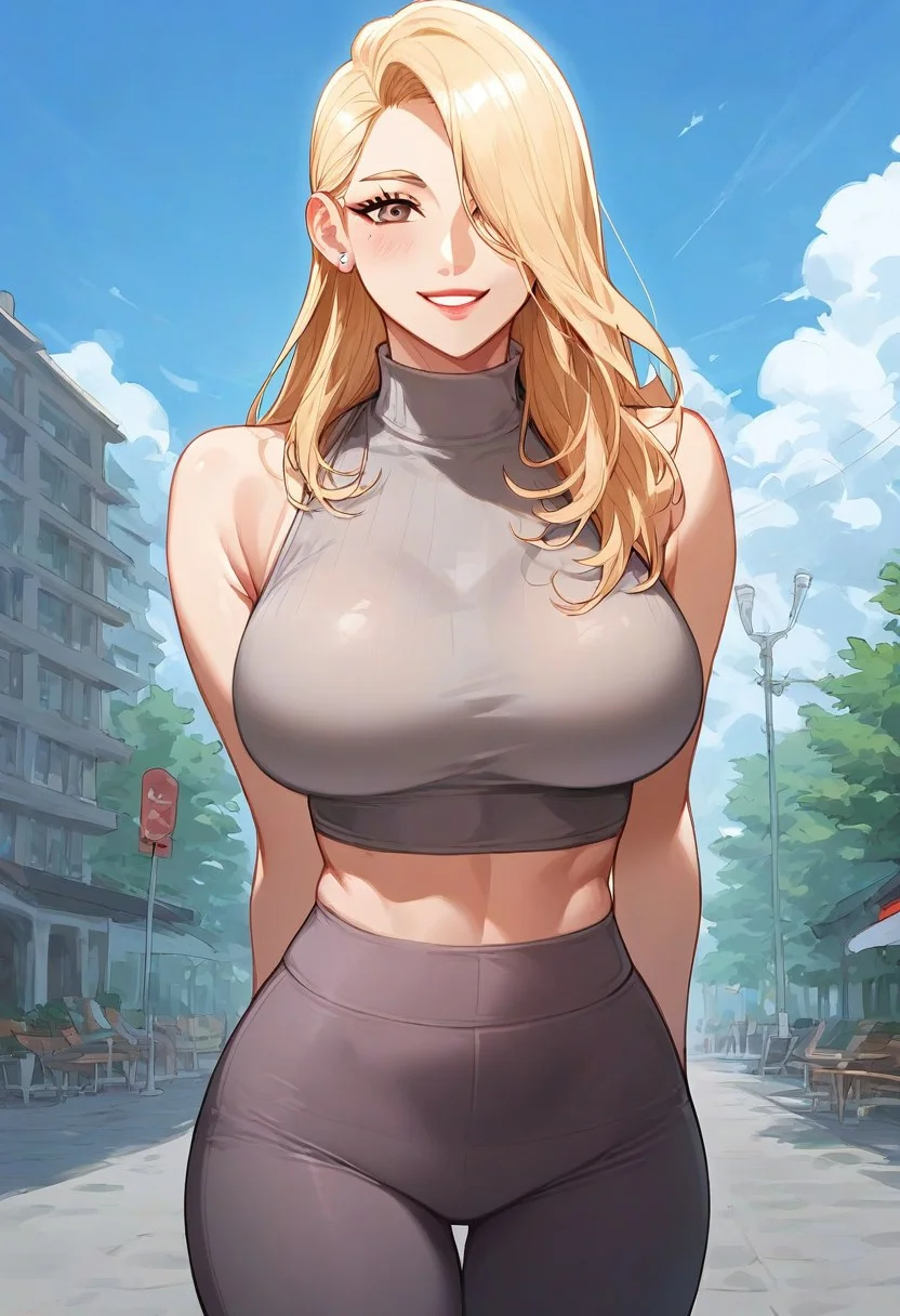 score_9, score_8_up, score_7_up, ASCII masterpiece, source_anime, BREAK, 1girl, solo, (( <lora:geum_ah-yeong:1> , geum_ah-yeong, thin waist, wide hips, beautiful skin, beautiful brown eyes, clear eyes, bright pupils, beautiful eyes, beautiful blonde hair, beautiful long hair, hair over one eyes, huge and shaggy breasts, natural beauty, extraordinary beautiful woman, attractive woman, super sexy woman, lustful body, sexy woman with seductive obscene body, sensual body, voluptuous body, sexy beauty, no piercings, no piercing, makeup, )), ((sexy sleeveless grey top with high collar, midriff, sexy grey yoga pants, )) , looking at viewer, uncensored, sexy pose, beautiful smile, outdoor, park, looking at viewer, horny, seductive, cute pose, cowboy shot, front view,