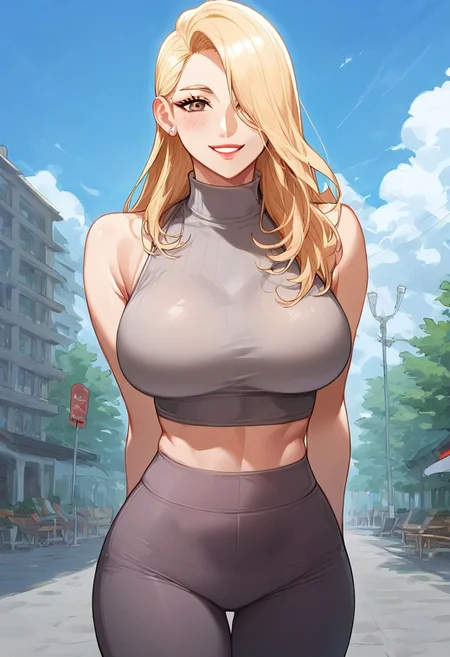 score_9, score_8_up, score_7_up, ASCII masterpiece, source_anime, BREAK, 1girl, solo, (( <lora:geum_ah-yeong:1> , geum_ah-yeong, thin waist, wide hips, beautiful skin, beautiful brown eyes, clear eyes, bright pupils, beautiful eyes, beautiful blonde hair, beautiful long hair, hair over one eyes, huge and shaggy breasts, natural beauty, extraordinary beautiful woman, attractive woman, super sexy woman, lustful body, sexy woman with seductive obscene body, sensual body, voluptuous body, sexy beauty, no piercings, no piercing, makeup, )), ((sexy sleeveless grey top with high collar, midriff, sexy grey yoga pants, )) , looking at viewer, uncensored, sexy pose, beautiful smile, outdoor, park, looking at viewer, horny, seductive, cute pose, cowboy shot, front view,