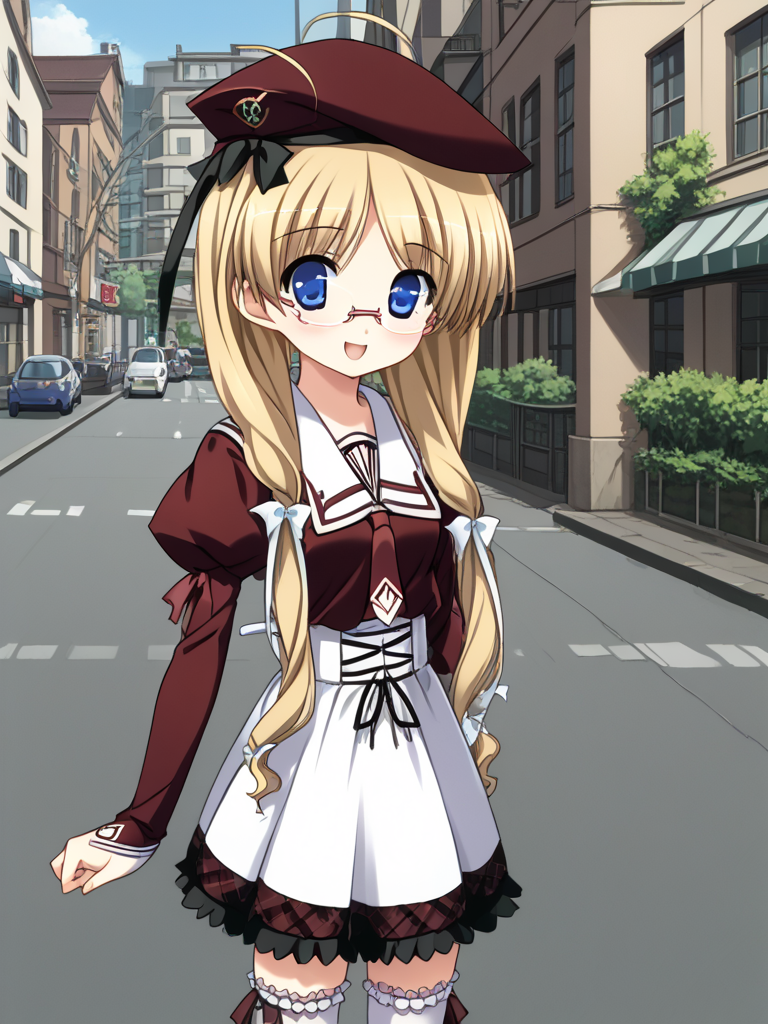 1girl, solo, yukiponeleeyes, blonde hair, long hair, low twintails, low-tied long hair, hair ribbon, ahoge, blue eyes, glasses, rimless eyewear, beret, kouryoukan_academy_school_uniform, frilled thighhighs, brown boots, outdoors, city, street, open mouth, smile, full body,