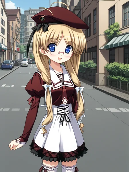 1girl, solo, yukiponeleeyes, blonde hair, long hair, low twintails, low-tied long hair, hair ribbon, ahoge, blue eyes, glasses, rimless eyewear, beret, kouryoukan_academy_school_uniform, frilled thighhighs, brown boots, outdoors, city, street, open mouth, smile, full body,