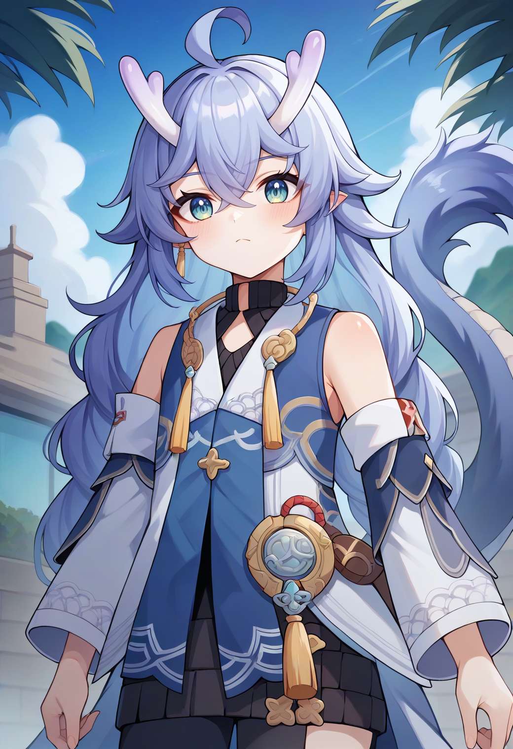 score_9,score_8_up,score_7_up,score_6_up,score_5_up,score_4_up, style_anime,
1girl, bailu \(honkai: star rail\), horns, long hair, dragon tail, crossed bangs, hair flaps, sleeveless turtleneck, sleeveless coat, detached sleeves, tassel, 
solo, outdoors, cowboy shot, looking at viewer, 
 <lora:bailuponyxl:1>