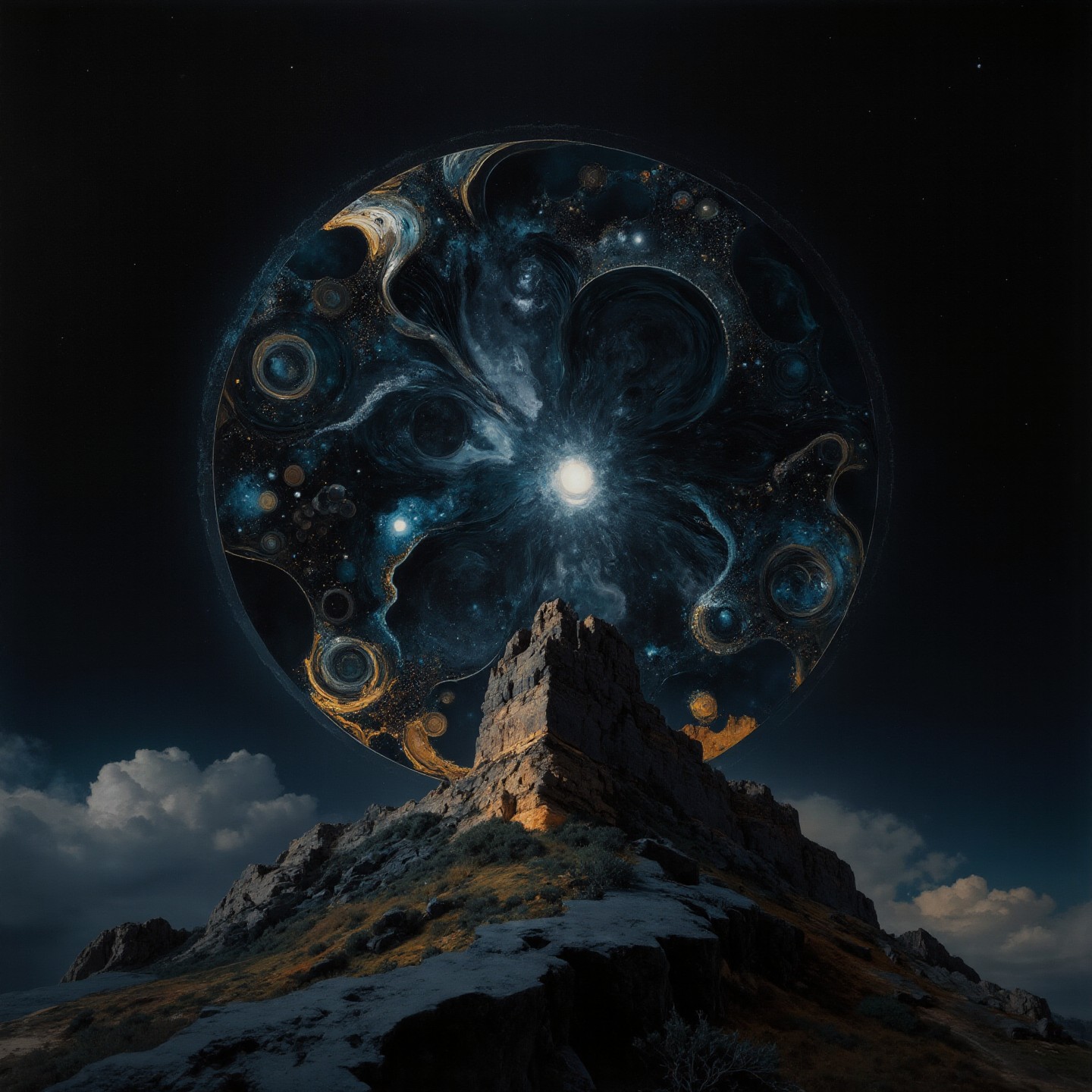 Surrealist painting. It was as if I stood at the end of the world, the end of the universe, the end of everything. But far, far out from where I stood, something hovered on a mount of sheerest black - a blackness itself, but edged and tempered with barely perceptible flashes of light. I could not guess at its size, for distance, depth, perspective, were absent here. A single edifice? A group? A city? Or simply a place? The outline varied each time that it fell upon my retina. Now faint and misty sheets drifted slowly between us, twisting, as if long strands of gauze were buoyed by heated air. The mandala ceased its turning when it had exactly reversed itself. <lora:harmony-in-fusion_v20_rank32_bf16:0.5> <lora:impossible_geometry_V1.0:0.5> <lora:Midjourney_Whisper_AgateX_v1:0.5>