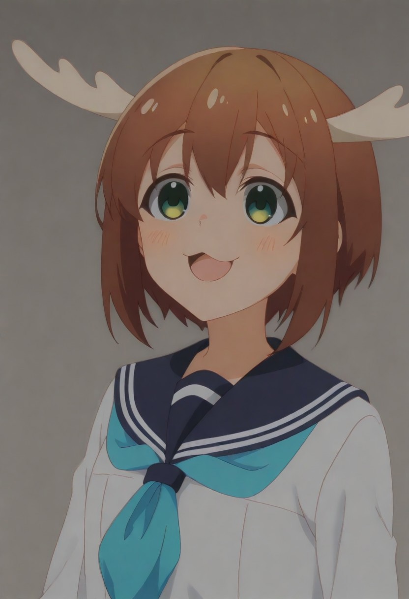 masterpiece, best quality, amazing quality,,, shiny skin,,,, <lora:Noko_Shikanoko (1):0.8>shikanoko, brown hair, green eyes, school uniform,, solo, short hair, antlers,, serafuku, sailor collar,, long sleeves, blue sailor collar, :3,, :d, shirt, cover, white shirt,