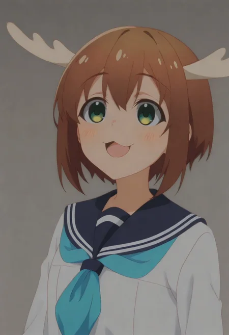 masterpiece, best quality, amazing quality,,, shiny skin,,,, <lora:Noko_Shikanoko (1):0.8>shikanoko, brown hair, green eyes, school uniform,, solo, short hair, antlers,, serafuku, sailor collar,, long sleeves, blue sailor collar, :3,, :d, shirt, cover, white shirt,