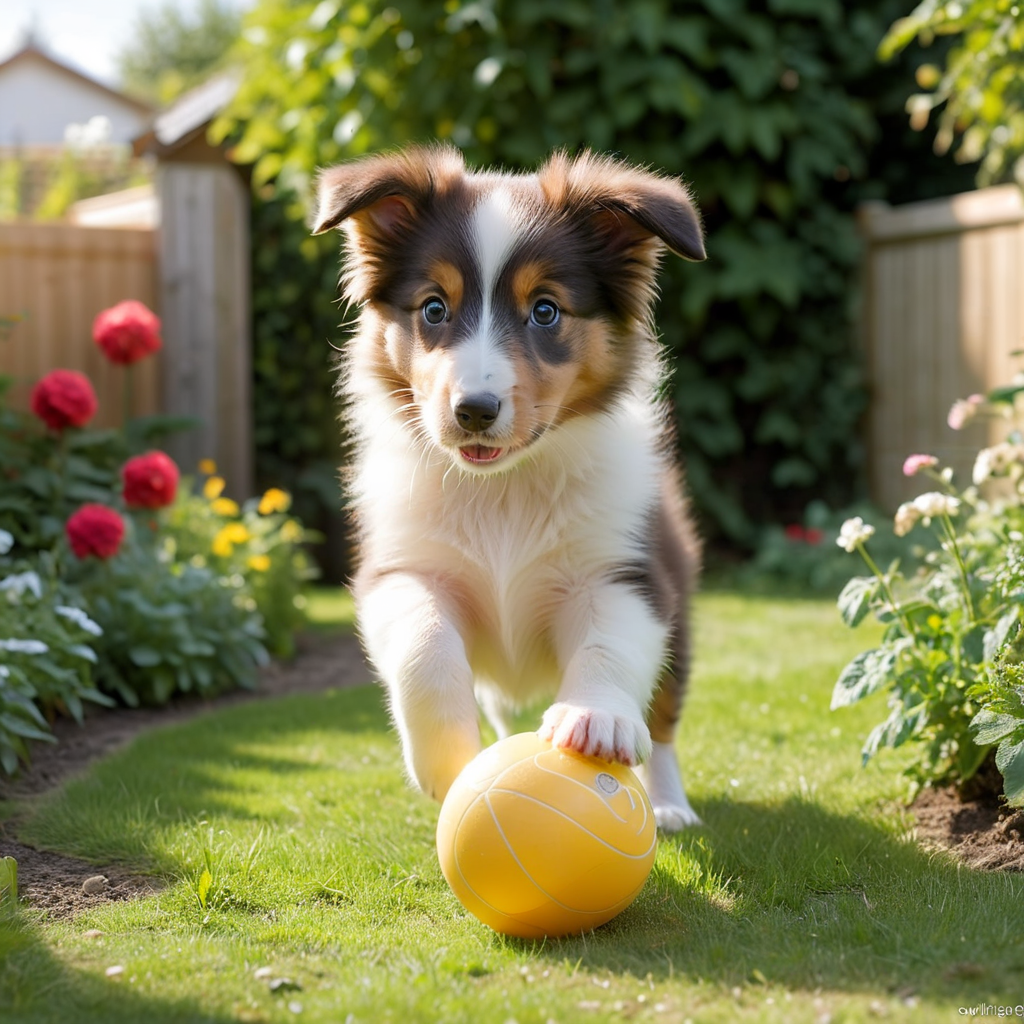 a collie puppy playing with a ball in the garden, midday, summer, volumetric light,  <lora:add-detail-xl:3>