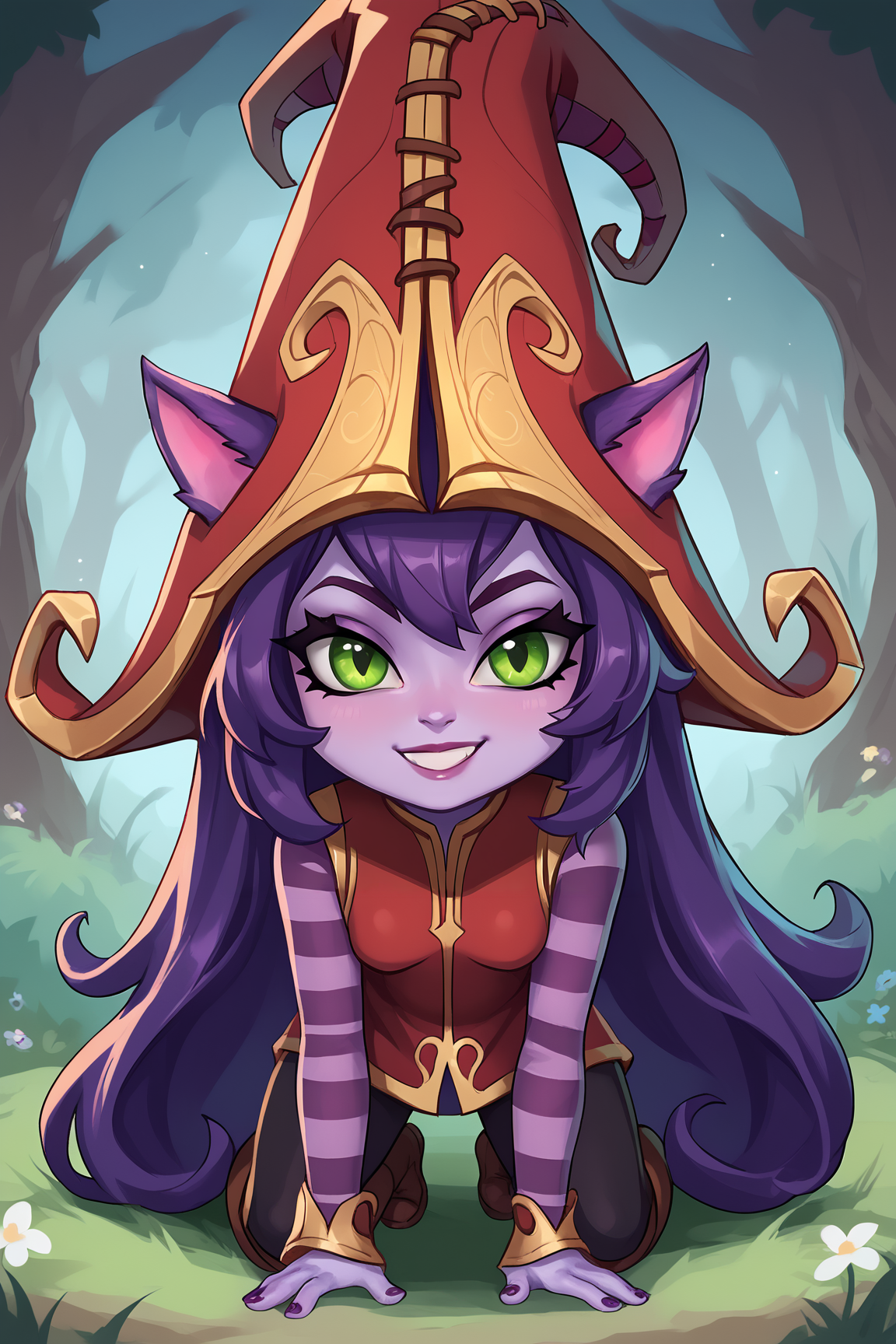 score_9, score_8_up, score_7_up, score_6_up, BREAK, LuluLoLXLv2, purple skin, colored skin, shortstack, yordle, green eyes, purple hair, long hair, sidelocks, bangs, animal ears, witch hat, ears through headwear, small breasts, red dress, purple striped sleeves, black pants, brown boots, solo, full body, all fours, looking at viewer, seductive smile, forest <lora:LuluLoLXLv2:1>