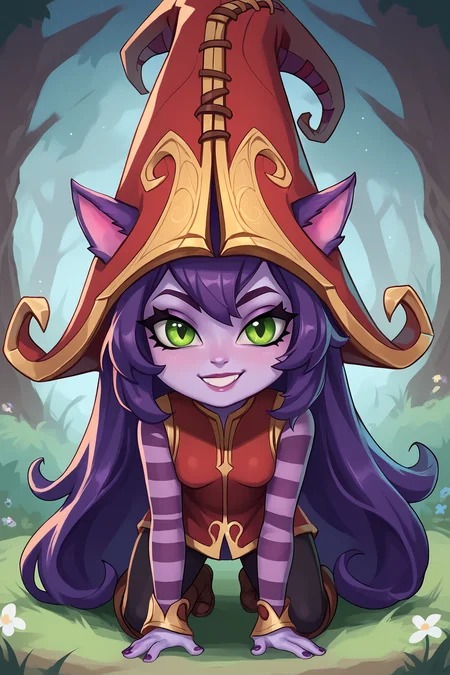score_9, score_8_up, score_7_up, score_6_up, BREAK, LuluLoLXLv2, purple skin, colored skin, shortstack, yordle, green eyes, purple hair, long hair, sidelocks, bangs, animal ears, witch hat, ears through headwear, small breasts, red dress, purple striped sleeves, black pants, brown boots, solo, full body, all fours, looking at viewer, seductive smile, forest <lora:LuluLoLXLv2:1>