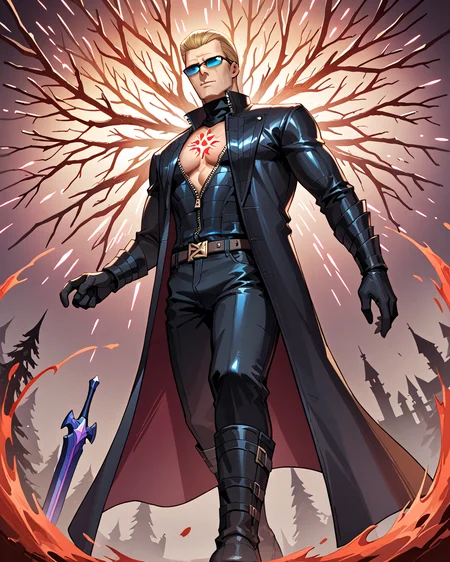 PonyScores7, source_anime, ah1, best quality, (masterpiece:1.4), (high quality:1.4), sharp focus, 4k, absurd resolution, <lora:albertwesker-guy-PONYv1:0.8> albertwesker, albert wesker, 1boy,  blonde, black gloves, (sunglasses:1.3), belt, black coat, black pants, looking at viewer, toned, athletic, fit, slicked back hair, black turtleneck, zipper, mature male, (graphene textured clothes), black boots, (nightmare cleanser, in dream-forged armor with a nightmare-banishing sword and a brave heart), (Haunted Cemetery Entrance, Overgrown path leading through rusted iron gates, crumbling tombstones covered in moss, eerie mist drifting among gnarled trees, the sound of distant whispers in the air), bad-hands-5, ((Indignant, Feeling or showing anger or annoyance at what is perceived as unfair treatment expression)), <lora:xl_more_art-full_v1:0.2>, <lora:shinyskin2:0.2> glistening skin, <lora:aesthetic_anime_v1s:0.2>, <lora:Expressive_H:0.2> Expressiveh, <lora:hairdetailpxl:0.2> hairdetailpxl, <lora:detailxl:0.2> detailxl, (Low angle view Close shot (focus on chest)), (focused, intense glare), slit pupils, short hair, (blue eyes), best quality, amazing quality, best aesthetic, absurdres, <lora:expressive eyes:0.2> expressive eyes, <lora:eyedetailpxl:0.2> eyedetailpxl, illustration, Volumetric_Lighting, ultra-detailed, very aesthetic, intricate details, 8k, masterpiece, best_quality, (angular face, sharp_featured face), <lora:Eyes_High_Definition:0.6> EyesHD,