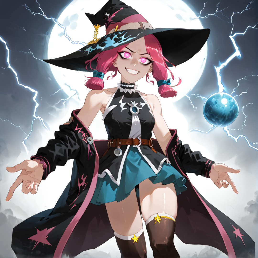 Masterpiece, high quality, score_9, score_8_up, score_7_up, highly detailed, dramatic lighting, volumetric lighting, multi-layered shading, 1girl, evil grin, narrowed eyes, perspective, foreshortening, <lora:PF11:1> pf11, pink hair, short hair, pink eyes, blue ribbons, hair tie, witch hat, thighhighs, black footwear, bare shoulders, star (symbol), pink choker, blue skirt, belt, black coat <lora:Lightning_magic_Magic_PACK:0.45> ligmagmb, electricity, lightning, glowing, blue eyes, glowing eyes, lightning ball,  <lora:vinne_art_style:0.6> bags under eyes <lora:PulenKompot-SivkaXL:1> sivka