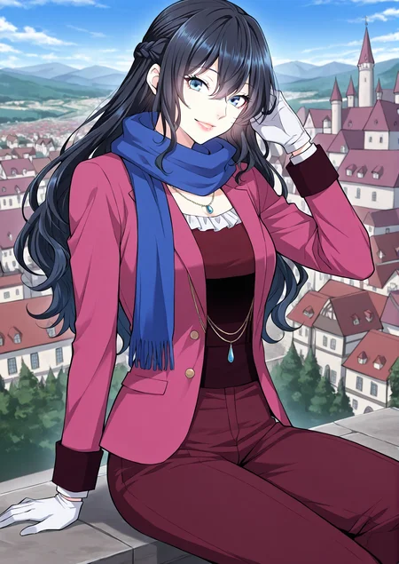 <lora:Tabitha_Helstea__The_Beginning_After_the_End__Illustrious:1>
1 girl, solo, blue eyes, black hair, hair between eyes,
alternate costume, red shirt, pink jacket, blue scarf, white gloves, french braid, jewelry, necklace, lipstick, red pants
score_9, score_8_up, score_7_up, very aesthetic, source_anime, detailed, high quality, beautiful, masterpiece, detailed eyes, castle, village, blurry background, cityscape, pose dynamic angle, light smile, open mouth, hand on hair, sitting