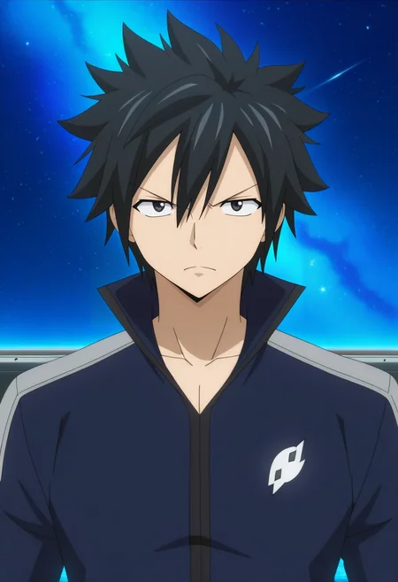masterpiece, best quality, , anime screencap, anime coloring, official style, looking at viewer, 1boy, solo, male focus, <lora:gray_fullbuster_ilxl:0.94>, gray_fullbuster, black hair, black eyes, spiked hair, hair between eyes, , , space dock, star field, repair drones, ship bay, maintenance pose, serious expression, space lighting,