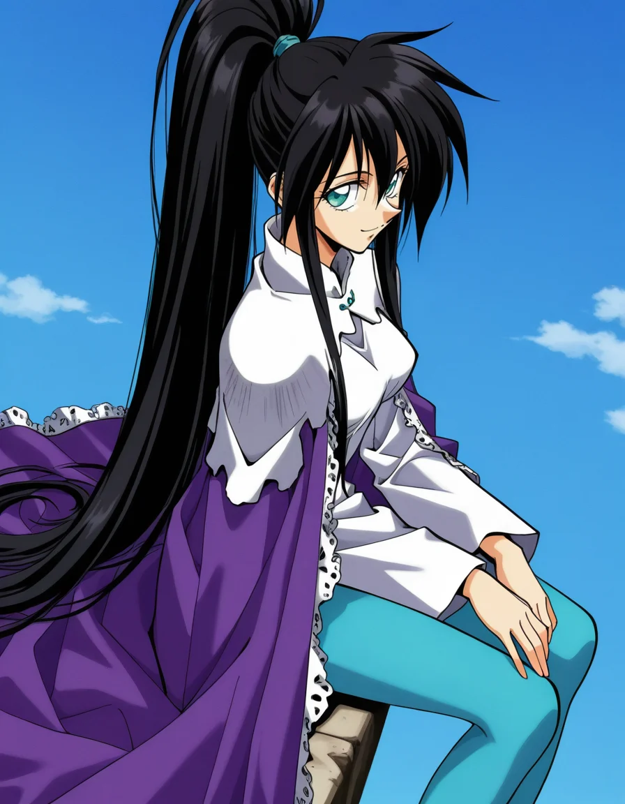 Ryukichi kousyu V3,1990s (style),black hair,very long hair,ponytail,green eyes,purple frilled cape,stone shoulders,wide sleeves,white shirt,aqua pantyhose,bubble,(hat:-1),(emphasis lines:-1),(standing:1.5),from front,facing viewer,front view,front angle shot,shoot from front,straight-on,outdoors,sky,day,(sitting:1.5),(from above:2),(from side:2),
1girl,
light smile,
looking at viewer,
normal breasts,
perky breasts,,explicit,hair between eyes,(bold:3.12),thick outline,black outline,harsh lines,soft lines,deluster,boldline,curvy,slim,skindentation,
(anime screencap),(anime coloring:1.2),anime screenshot, animated painting, animated gif,2d cel anime,anime cap,anime,anime style,anime cel,Cel shading,cel shaded,soft brightness,perfect face,perfect nose, perfect hair, perfect eyes,perfect female body,perfect skin,a face of perfect proportion,perfect lighting,perfect anatomy,perfect proportion,perfect hands,perfect legs,perfect fingers,masterpiece,super fine illustration,(best quality, absurd res, ultra detailed),very aesthetic,absurdres,16k,intricate detail,amazing quality,detailed linework,vibrant colors,kawaii,flat color,
<lora:è¤å´ç«ç_å°ç¥æ¼ç¾©ç«åå
¬ä¸»illustriousV3Fujisaki_Ryu_version_style_Houshin_Engi_Princess_RyukichiillustriousV3-000007:1:0.8>