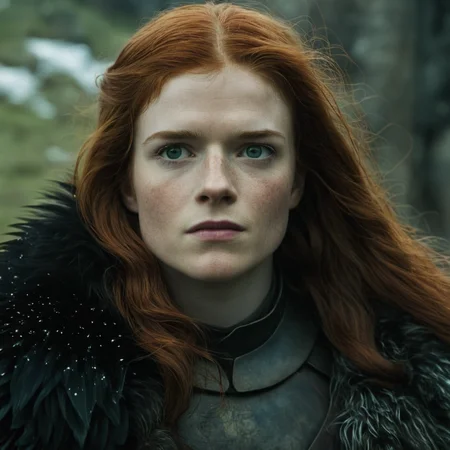 cinematic film still of <lora:Game of Thrones style:1>
In medieval times Rose Leslie Ygritte a woman with red hair and a fur coat,1girl,solo,long hair,green eyes,red hair,parted lips,teeth,signature,orange hair,lips,feathers,looking up,portrait,freckles,realistic,black feathers , cinematic, film, movie still, movie style, film style, fantasy drama, epic drama, dramatic light, dramatic shadow, fictional, Age of Wonders, Age of Empires, warriors, Medieval style, middle ages, dungeons and dragons style, contrast, color, different people, different, unique, kingdoms and castles style, violent, aggressive, detailed, perfection, detailed face, detailed body, detailed hands, detailed eyes, sharp, Game of Thrones style, shallow depth of field, vignette, highly detailed, high budget, bokeh, cinemascope, moody, epic, gorgeous, film grain, grainy