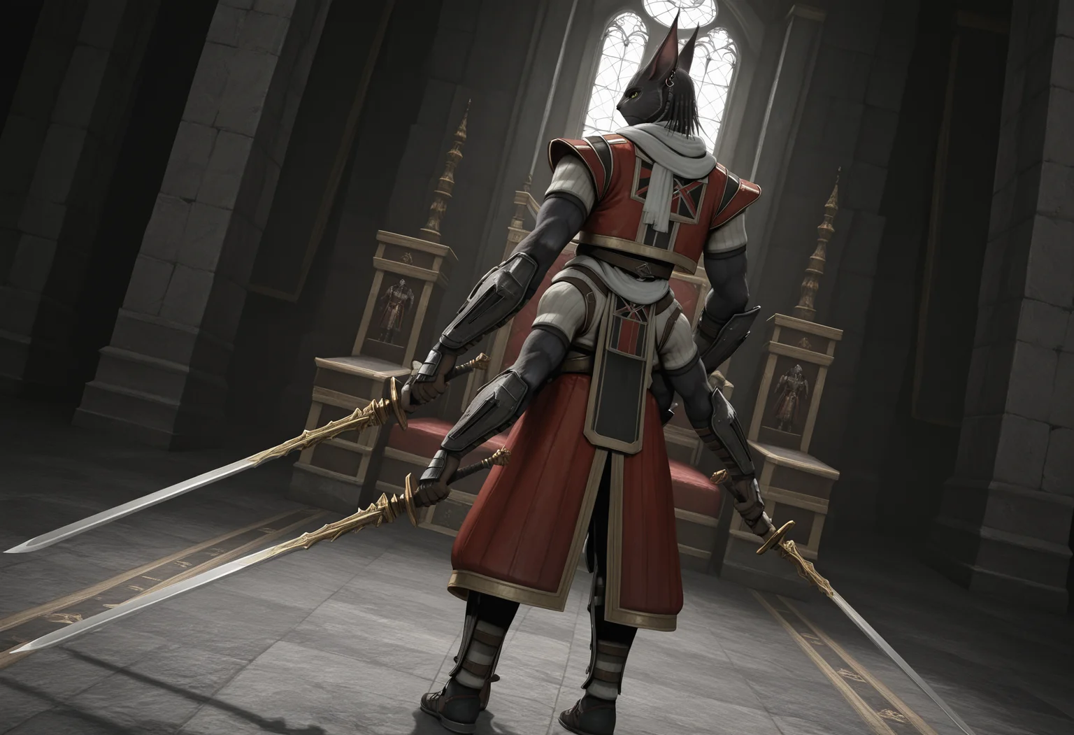 masterpiece, best quality, ultra-detailed, absurdres BREAK TorgalLR, Four arms,1boy, solo, male focus, dark gray fur, furry, feline, armored coat, braided hair, golden eyes, red armor, arm bracers, animal ears, white scarf, earring, serious, holding swords, full body, throne room, from behind, dutch angle, multiple arms, sword <lora:Torgal_The_Last_Remnant:1>