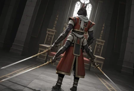 masterpiece, best quality, ultra-detailed, absurdres BREAK TorgalLR, Four arms,1boy, solo, male focus, dark gray fur, furry, feline, armored coat, braided hair, golden eyes, red armor, arm bracers, animal ears, white scarf, earring, serious, holding swords, full body, throne room, from behind, dutch angle, multiple arms, sword <lora:Torgal_The_Last_Remnant:1>