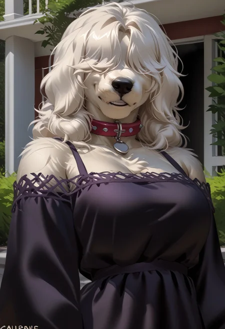 score_9, score_8_up, score_7_up, (by jailbird:1.5), (by kittydee:1.5), (by zummeng:1.5), masterpiece, best quality,   (Furry Art : Anthro : Old English Sheepdog :1.5), expressive eyes, feminine eyes, <lora:beautiful_detailed_eyes:1>, perfect face, feminine face, feminine body, long fluffy fur, two-toned fur, white fur, grey fur, grey droopy dog ears, (white hair:1), shoulder length hair, (shaggy hair), (shaggy hair bangs:1),(hair bangs over eyes:1.5), large breasts, red dog collar, (casual wear dress:1.5),