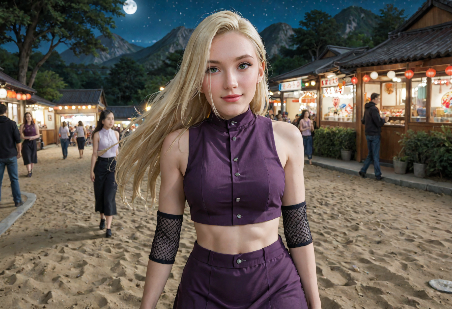 score_9, score_8_up, score_7_up, cinematic film still, beautiful woman, asian woman, Japanese, ino yamanaka, blank period, no make up, blush, blonde hair, head tilt, hair blowing in the wind, purple high-collared blouse, mesh arm warmers, sleeveless, midriff, navel, purple apron skirt, frilled miniskirt, navel piercing, outdoors, night, moon, stars, festival, crowd, fireworks, kites, food stands, japanese architecture, sakura trees, mountains in distance,  candid shot, from above, approaching perfection, walking, fixing hair, cute smile, shy, highly detailed, smooth, sharp focus, intricate details, shallow depth of field, vignette, high budget, bokeh, cinemascope, moody, epic, gorgeous, film grain, grainy,  slight freckles, <lora:ino_yamanaka_pony:1>