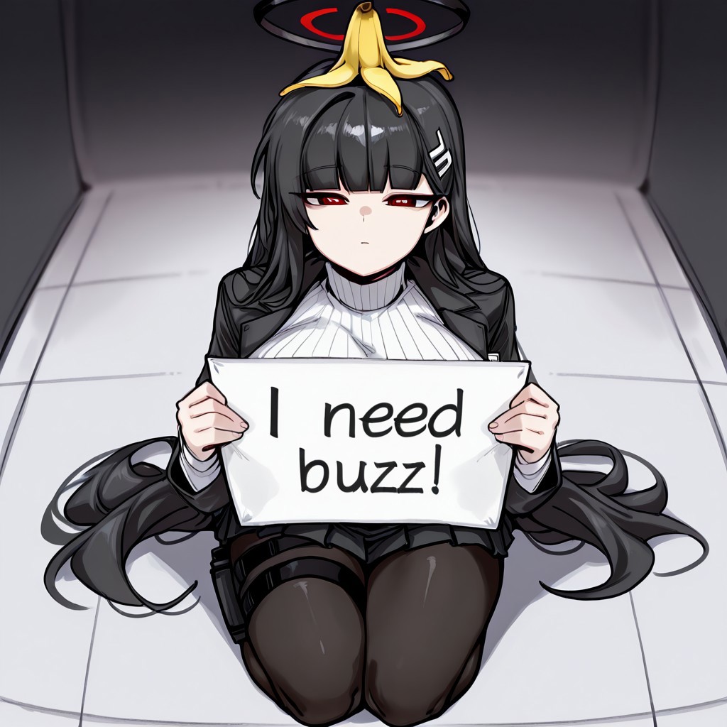 masterpiece, best quality,
 <lora:doppel:1> d0pp3l, r1o, halo, black hair, very long hair, blunt bangs, red eyes, bright pupils, white pupils, ringed eyes, large breasts, hair ornament, black jacket, id card, turtleneck, ribbed sweater, white sweater, black skirt, pleated skirt, black pantyhose, thigh holster, kneeling, both hands up, banana on head, banana peel, flat face, punished, half-open eyes, close mouth, no expression, side-top view, need_buzz, holding sign