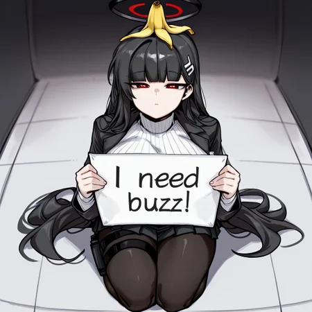 masterpiece, best quality,
<lora:doppel:1> d0pp3l, r1o, halo, black hair, very long hair, blunt bangs, red eyes, bright pupils, white pupils, ringed eyes, large breasts, hair ornament, black jacket, id card, turtleneck, ribbed sweater, white sweater, black skirt, pleated skirt, black pantyhose, thigh holster, kneeling, both hands up, banana on head, banana peel, flat face, punished, half-open eyes, close mouth, no expression, side-top view, need_buzz, holding sign