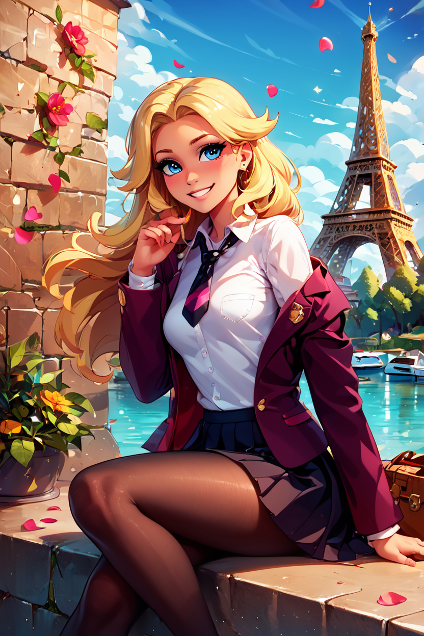 score_9, score_8_up, score_8, medium breasts, (curvy), cute, eyelashes,       ,,, , ,,, zzLss, blue eyes, blonde hair, long hair,  shirt, necktie, jacket, school uniform, white shirt, long sleeves, black necktie, collared shirt, blazer, black skirt, black pantyhose,  <lora:Lass_Pokemon_PDXL:0.8>,     ,,,, BREAK, zzEiffelTower in background, sitting, watercraft, boat, sitting on wall, side view, looking at viewer, smile, ,,, BREAK, blooming stars, luminescent petals, otherworldly fragrance blurry background, ,,, embedding:zPDXL, Expressiveh, ,,, <lora:EiffelTowerPDXL:0.8>, <lora:CatalystStylePDXL:0.6>, <lora:SDXLFaeTastic2400:0.5>, <lora:Expressive_H-000001:0.4>,