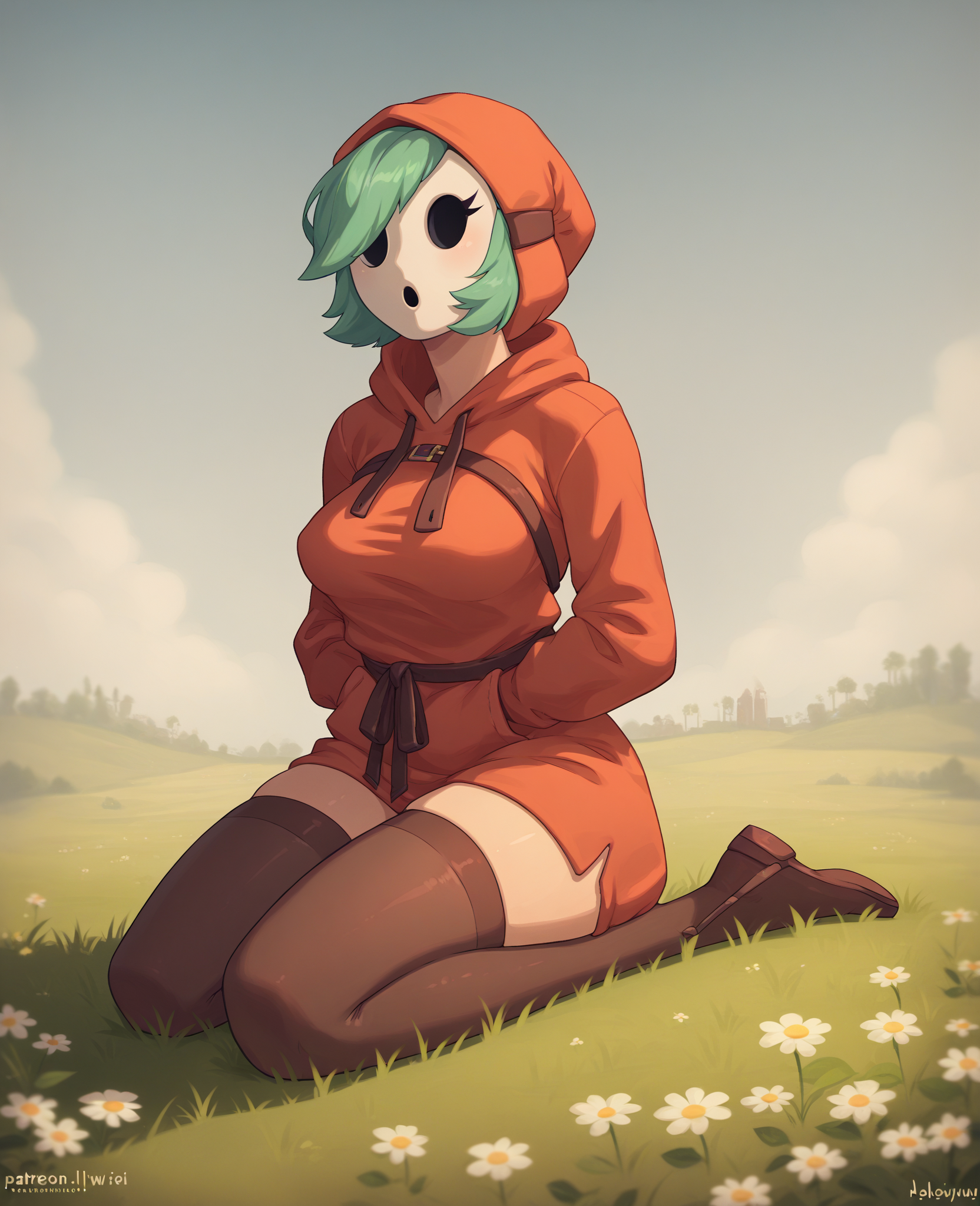 score_9, score_8_up, score_7_up, score_6_up, score_5_up, score_4_up, source_furry, human, mammal, shyguy, mario \(series\), breasts, clothed, clothing, female, hood, legwear, light body, light skin, mask, not furry, simple background, solo, stockings, detailed background, outside, field, eyelashes
 <lora:shyguy_pdxl:1>