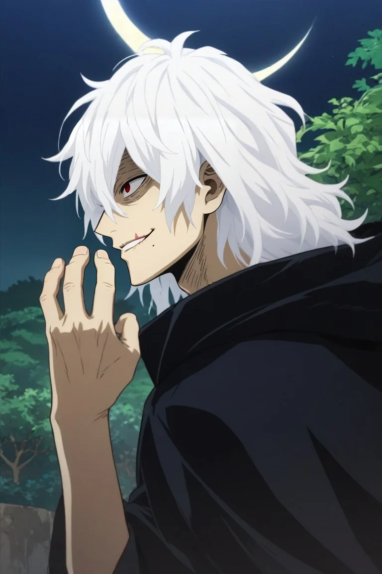 score_9, score_8_up, score_7_up, source_anime, rating_safe, , (realistic:0.6), , , 1boy, solo, male focus, <lora:tomura_shigaraki_pony:1>, tomura_shigaraki, white hair, red eyes, long hair, messy hair, cloak, cape, teeth, smile, mole under mouth, from side, hill, greenery, night, crescent moon, victory pose, :\3, , <lora:sdxl_lightning_8step_lora:1>