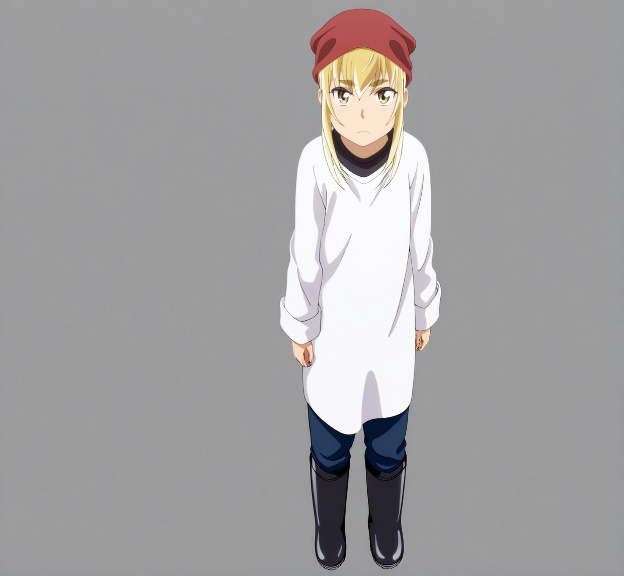 sharp focus, masterpiece, source_anime, (anime_screencap:1.2), absurd res, best quality, BREAK
<lora:Anzu_hinamatsuri_IL_v0.8:1>, anzu_il, anzu_ver2, 1girl, solo, blonde_hair, bangs, hair_between_eyes, yellow_eyes, white_sleeved_tunic, red_headscarf, rubber_boots, full body, standing, arms at sides, white background, simple background