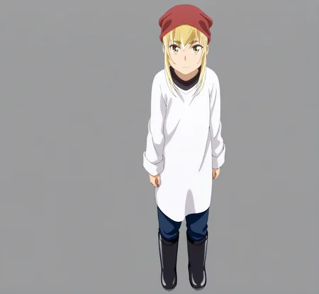 sharp focus, masterpiece, source_anime, (anime_screencap:1.2), absurd res, best quality, BREAK
<lora:Anzu_hinamatsuri_IL_v0.8:1>, anzu_il, anzu_ver2, 1girl, solo, blonde_hair, bangs, hair_between_eyes, yellow_eyes, white_sleeved_tunic, red_headscarf, rubber_boots, full body, standing, arms at sides, white background, simple background