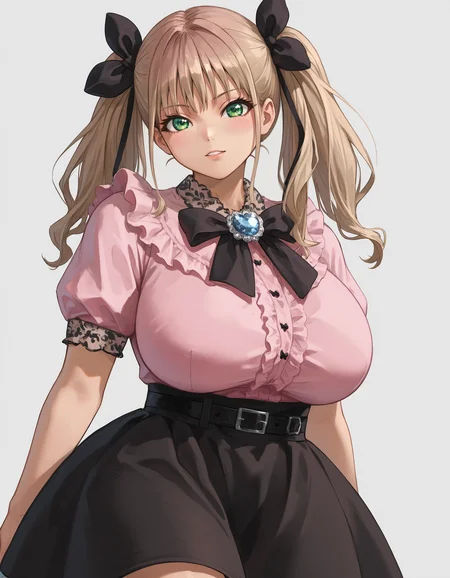 score_9,  score_7_up, 
yumloitaa,   green eyes, twintails, black skirt, jirai kei,   pink shirt,  puffy short sleeves,  black bow, hair ribbon,  long hair,  frills, brooch, belt, puffy sleeves, blouse,  hair bow, jewelry, frilled shirt, shirt bow
1girl,gigantic breasts,wide hips,thick thighs,
  <lora:minami_yume-8 outfits-koto-PonyXL 2.1:1>
