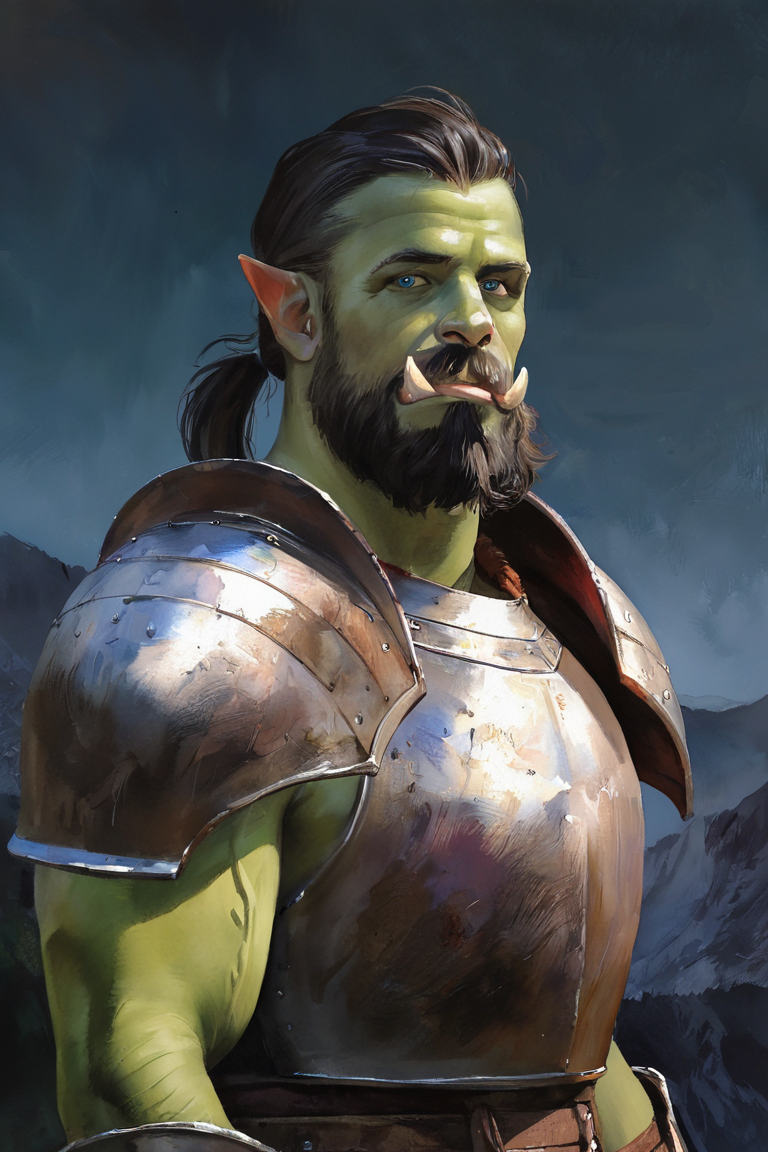 masterpiece, best quality, highres, newest, watercolor \(medium\), traditional media, realistic, 1boy, solo, male focus, mature male, orc, colored skin, green skin, tusks, blue eyes, medium hair, black hair, hair slicked back, ponytail, facial hair, beard, mustache, looking at viewer, full armor, shoulder armor, breastplate, pauldrons, upper body, closed mouth, standing, outdoors, mountain, night, night sky, dark background <lora:Watercolor Realistic [LoRA] - NoobAI-XL EPS 1.0:0.8>