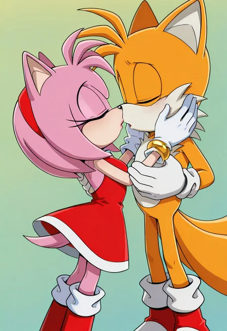 <lora:Tails_-_Sonic_X_IL:1.0> 1boy, male, Tails_IL, white gloves, imminent kiss, closed eyes, AmyRose, 1girl, bright pink fur, large closed eyes, bangs, red dress with white trim, white gloves, red boots with white stripes, Gold circular bracelets, sonic the hedgehog, imminent kiss