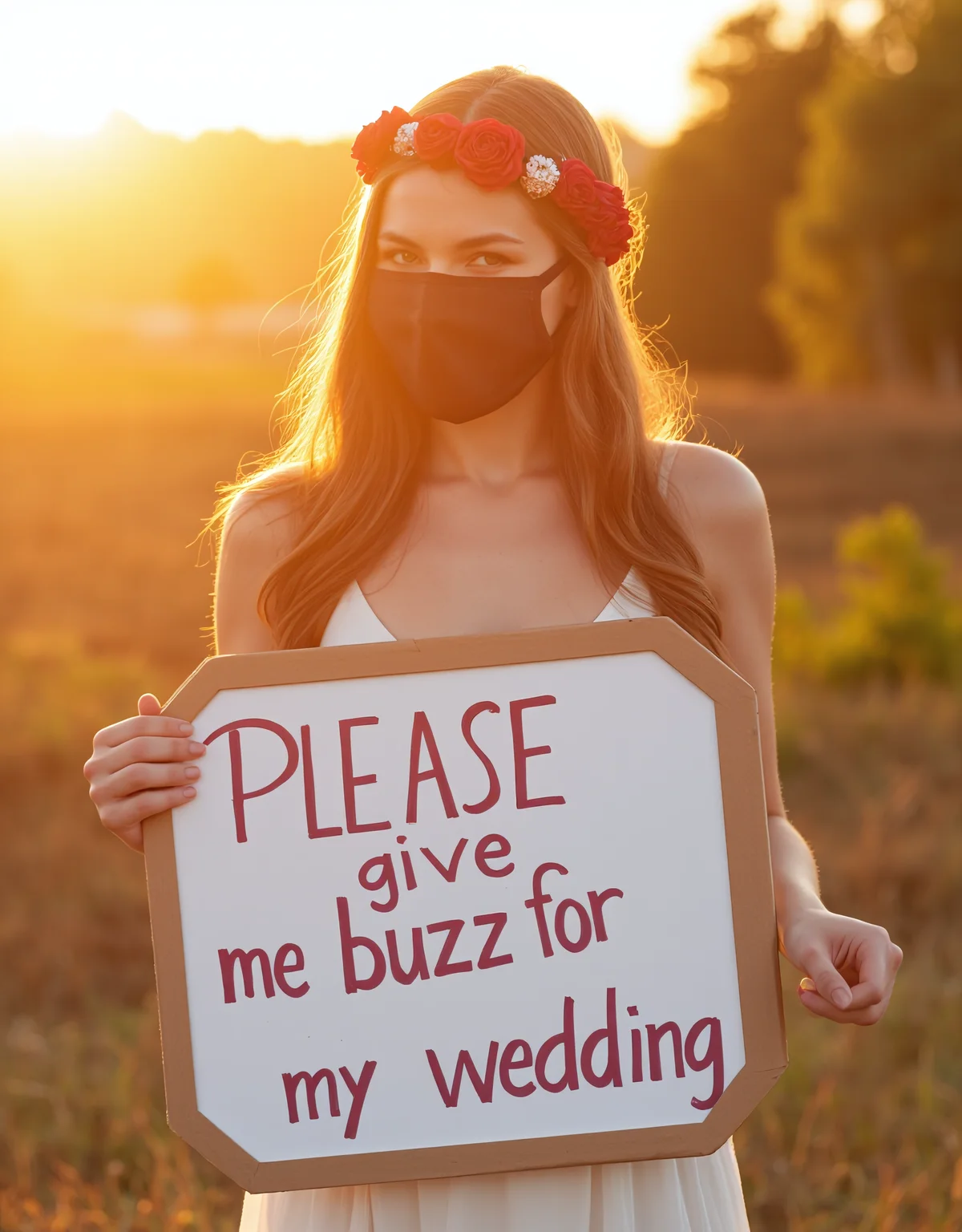 golden hour, woman, black transparent veil over mouth smile sexy white dressred rose diadem on the head, long dress
holding a big sign with the text "Please give me buzz for my wedding"