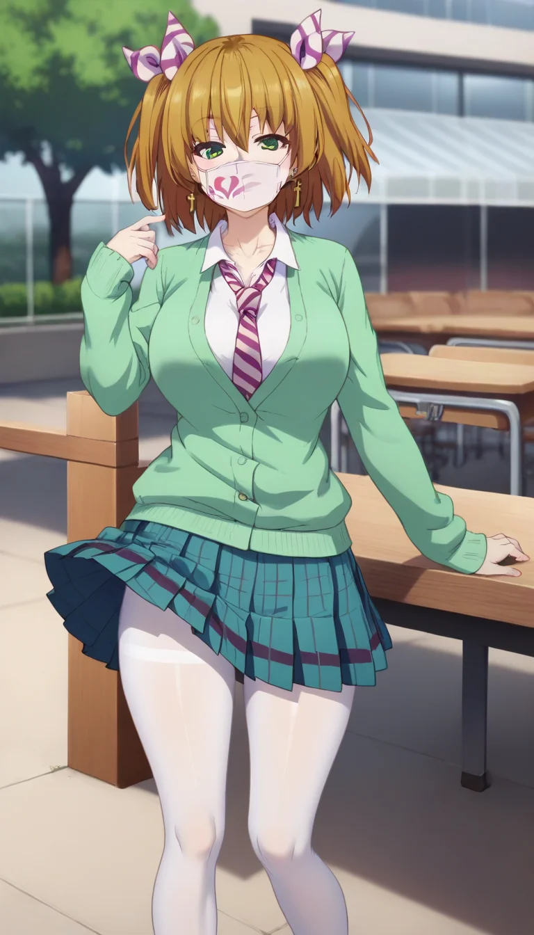 score_9,score_8_up,score_7_up,score_6_up BREAK official art,solo,outdoors,cowboy shot,looking at viewer,facing viewer,smile,blush,Wakakusa Moena,brown hair,medium hair,two side up,hair ribbon,striped ribbon,hair bow,jewelry,cross earrings,hair between eyes,bangs,green eyes,mouth mask,collarbone,school uniform,green cardigan,striped necktie,collared shirt,white shirt,long sleeves,large breasts,skindentation,miniskirt,blue skirt,pleated skirt,plaid skirt,white pantyhose,loafers,brown footwear,<lora:Wakakusa Moena(dhh)-Pony:1.6>,
