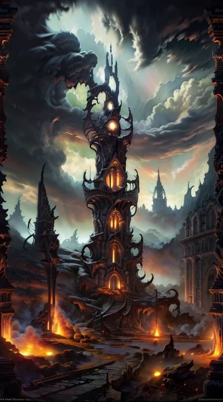 Gothic style, 
Horror-themed, 
Masterwork Painting, Magnum Opus, 
HDR photo of 
 <lora:Wizard_Tower-10:0.75> witow, castle, cloud, cloudy sky, grass, no humans, scenery, sky, tower, tree, 
 <lora:locon_conceptlightning_v1_from_v1_64_32:1> lghtnngprsn, lightning, storm 
<lora:Hell2_v1.0:0.8> demonic, creatures, fire, city, creepy, lava, volcano, castle,
. High dynamic range, vivid, rich details, clear shadows and highlights, realistic, intense, enhanced contrast, highly detailed,
  highres, 8k, uhd, High Dynamic Range, tonemapping, crisp details,  intricate details, fine details,
. Eerie, unsettling, dark, spooky, suspenseful, grim, highly detailed,
. Dark, mysterious, haunting, dramatic, ornate, detailed