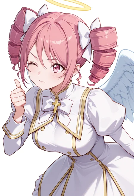 Smooth Quality,masterpiece,very intricate, high quality details, ultra realistic, high detailed skin,detailed enviorement,absurdres,
thumbs up,
<lora:Pino_CNR:0.8> pino_cnr, 1girl, pink hair, short hair, twintails, drill hair, pink eyes, large breasts,pino_cnr_def, white dress,white bow, hair bow, hair ribbon, cross,long sleeves, juliet sleeves, halo, angel wings,, wince,, simple background, white background, sideways,solo,