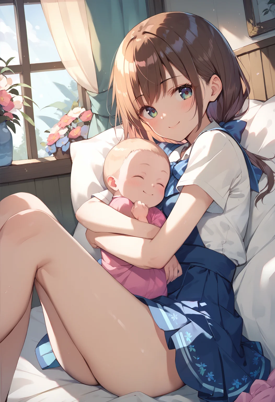 (score_6_up)(score_7_up)(score_8_up)(score_9) best quality, masterpiece, uncensored, (perfect anatomy) (realistic detailed:1) (face focus:1) BREAK (1girl hugging baby on bed :1) (baby with uneven face with limbs) (cute face girl with soft smiling to viewer:1) (cute girly clothes:1)