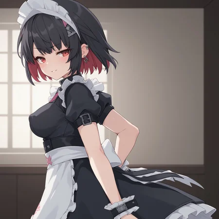 embedding:urn:air:sd1:embedding:civitai:222256@250708, score_9, score_8_up, score_7_up, source_anime, 1girl, solo, KJOellen, short hair, multicolored hair, black hair, red eyes, ear piercing, maid headdress, maid apron, puffy sleeves, short sleeves, cowboy shot, parted lips, dawn, kumasteam, hand on hip, from behind, covered nipple, raised eyebrow, smug, blush,