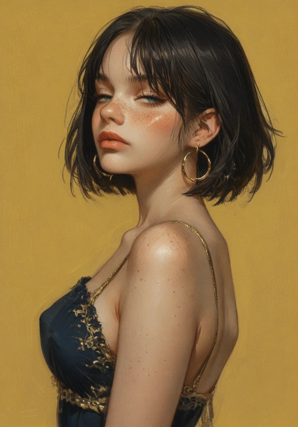 1girl, solo, breasts, short hair, simple background, black hair, dress, closed mouth, jewelry, medium breasts, upper body, green eyes, multicolored hair, cowboy shot, ear piercing, colored skin, from side, cross, ear hoop, freckles, nose, cross pastel A digital illustration shoot from a profile camera angle about a stylized portrait of a woman with short black hair and large hoop earrings, wearing a dark blue dress with a gold trim and a cross-shaped pastel on her face, standing against a yellow wall with a warm, golden glow. the woman, who appears to be a young adult, is positioned in the middle of the image, facing the viewer with her eyes looking to the side. she has a confident and slightly seductive expression, with her lips slightly parted and her eyes closed. her hair is styled in a short, black bob cut, and her hair color is a vibrant green. she is wearing large gold hoop earring and a blue and gold dress with gold trim. the background is a gradient of warm yellow and dark brown, creating a dramatic contrast with the woman's striking features. the artist's signature "mab" is in the bottom right corner of the bottom left corner. score_9, score_8_up, score_7_up, score_6_up, embedding:zPDXLxxx porn, nsfw, tits, pussy, nipples, <lora:Sinozick:0.42772344351527614>, <lora:Serpieri_for_Pony-000011:0.39314796226838367>, <lora:1dkXLP:0.6956080118223373> , <lora:jc_leyendecker_pony_v6_smooth_fix_metadata:0.6039927931054886>
