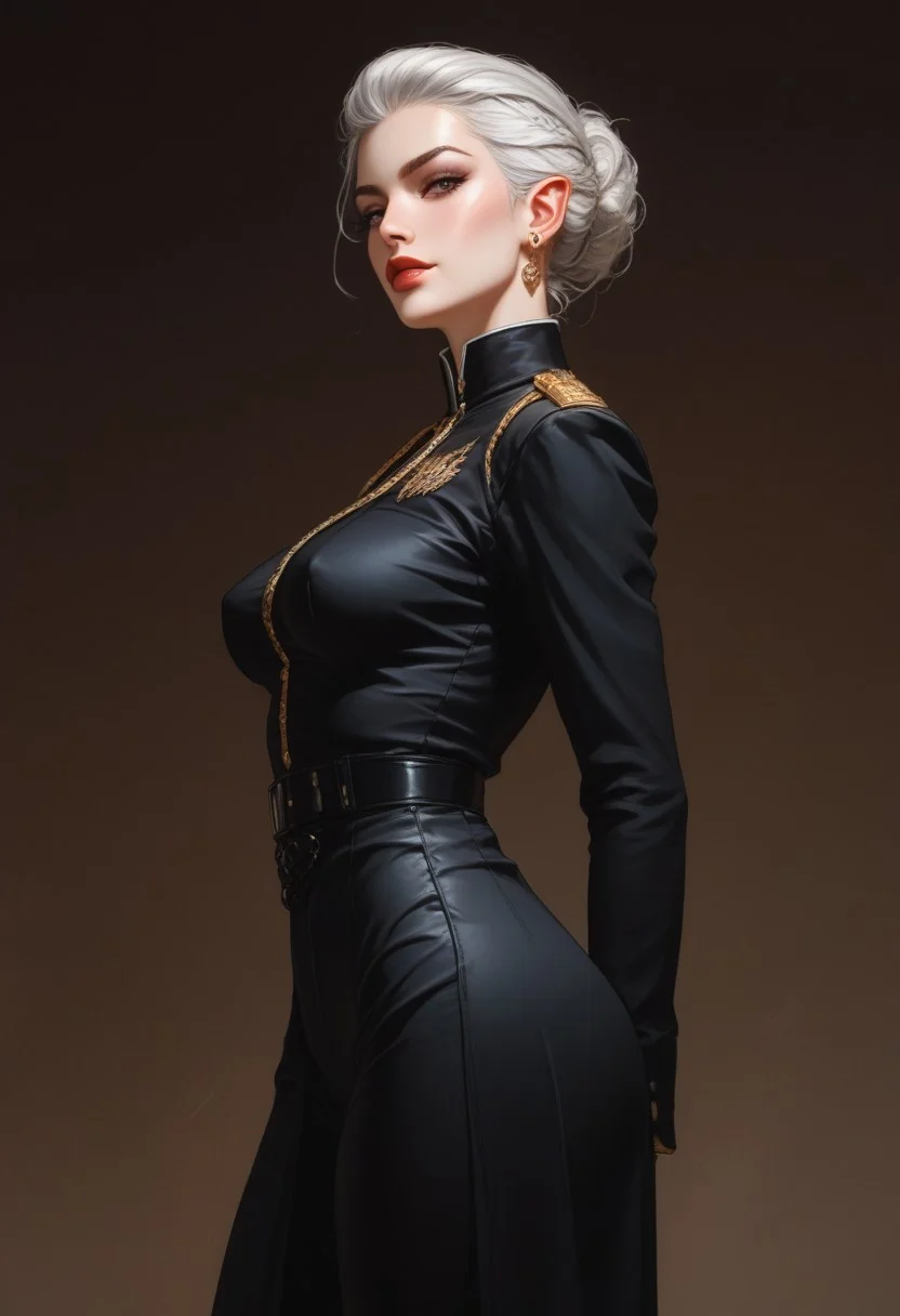 (score_9, score_8_up, score_7_up), 1 girl, elf, white slicked hair, military outfit, pale skin, milky skin, goth, baroque clothes, thick thighs, thick lips, large breasts, skinny, back angle,
posing sexy, horny,
leaning, boris valejjo,
science fiction,