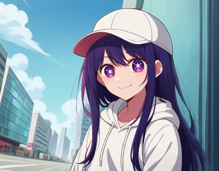 score_9, score_8_up, score_7_up, source_anime,
aihoshino, <lora:ai-hoshino-s1-ponyxl-lora-nochekaiser:1>,
ai hoshino, long hair, bangs, purple eyes, purple hair, symbol-shaped pupils,
hood, hoodie, hood down, long sleeves, white hoodie, hat, baseball cap,
cityscape, street, smile,
looking at viewer, cowboy shot, dutch angle, solo,