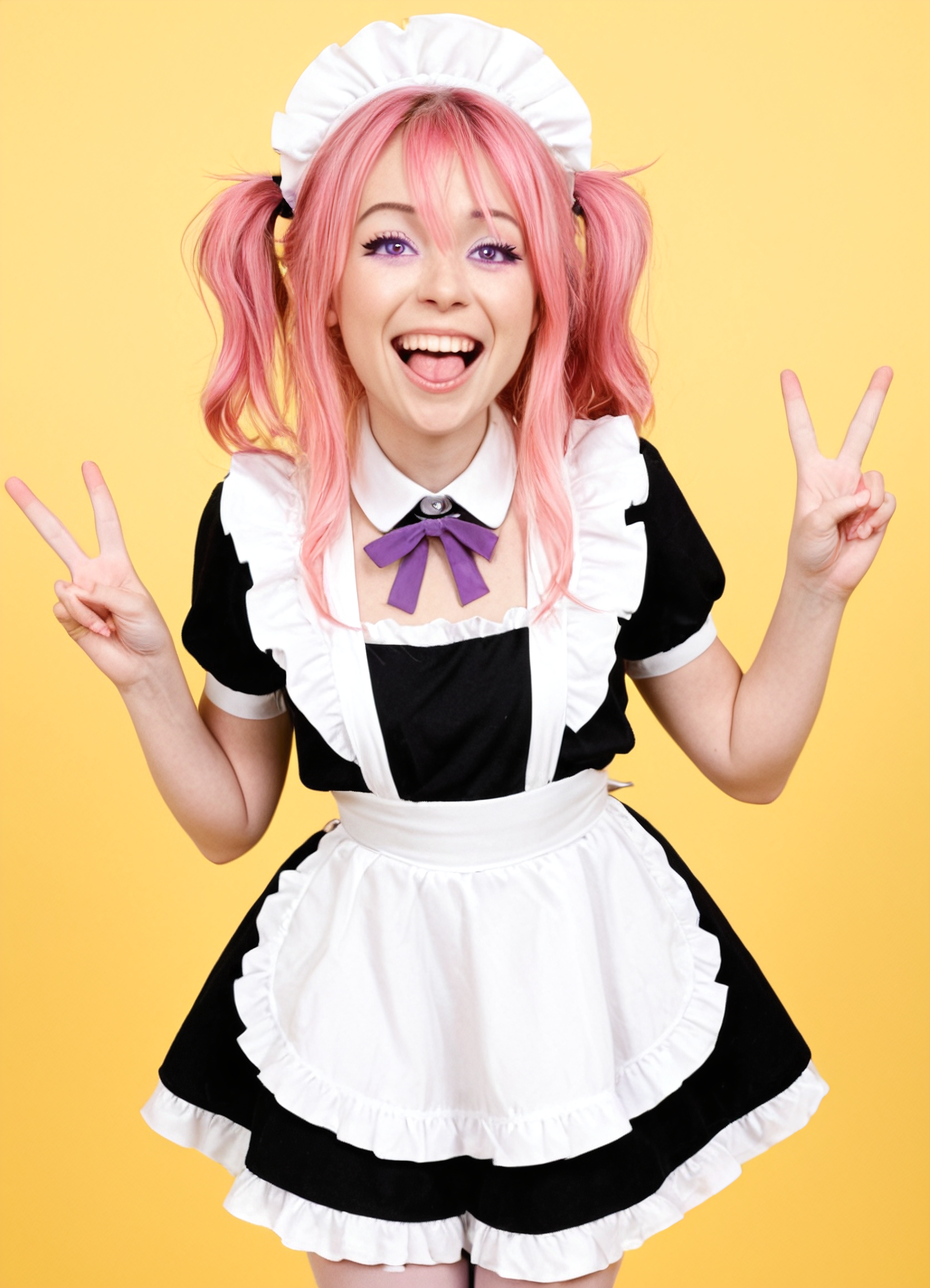 CivChan, 1girl, civchan, :D, peace sign, v, mouth open wide, grin, smile, solo, pink hair, long messy hair, purple eyes, maid outfit, frilly apron, short skirt, thigh highs, (solid yellow seamless background:1.3),  energetic pose, huge grin, wide eyes, tilted head, flushed cheeks, sparkles, heart icons, colorful pastel room, cluttered cute chaos, high saturation, 35mm lens, cinematic lighting, dreamy bokeh, kawaii overload, hyper expression, bouncing mid-motion, too much energy, uncontainable cuteness
 <lora:CivChan_SDXL:1.0000000000000002>