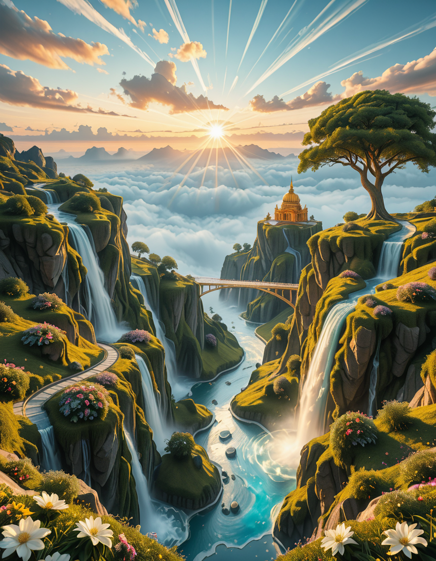 A mesmerizing celestial background featuring an otherworldly paradise. Towering crystalline mountains with peaks that glow softly under a sky painted in shifting hues of iridescent blues, pinks, and golds. Rivers of liquid light flow through vast, open meadows filled with luminescent flowers that pulse with a gentle glow. Gigantic, translucent trees with silver leaves sway in a breeze that carries floating particles of golden dust. Suspended bridges made of shimmering energy connect ancient, floating monoliths engraved with intricate celestial patterns. In the distance, an enormous radiant waterfall cascades into a bottomless, mist-covered abyss, reflecting the surrounding ethereal glow. A tranquil atmosphere, untouched and divine, filled with an overwhelming sense of wonder and serenity.
<lora:SDXLFaeTastic2400:0.4> <lora:extremely_detailed:0.4> extremely detailed,heavenly l4ndsc4p3, <lora:heavenly_l4ndsc4p3-i:1>, Masterpiece,best quality,hi res,8k,hi res,8k,award winning,(sharp focus, intricate, highly detailed),